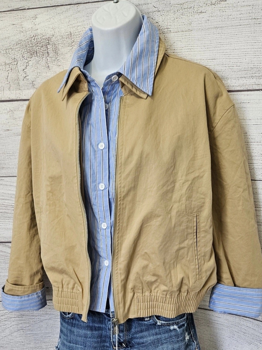 🔥 NWT Boutique TOYOUTH Layered Double Collar Beige Harrington Jacket Size M